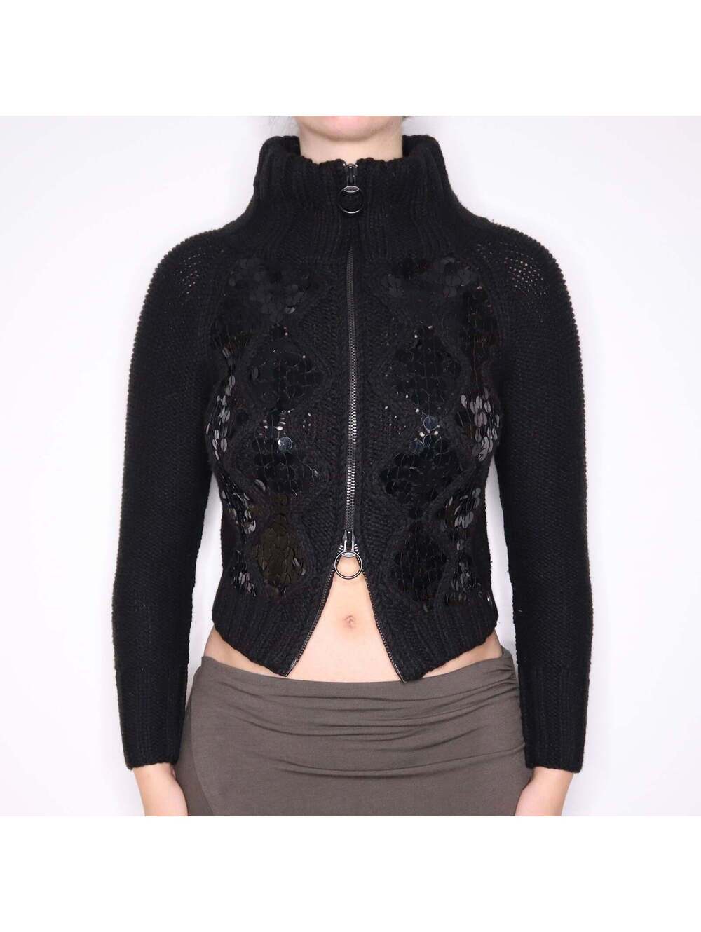 Y2K Italian Brand Black Sequin Zip Up Sweater (S)